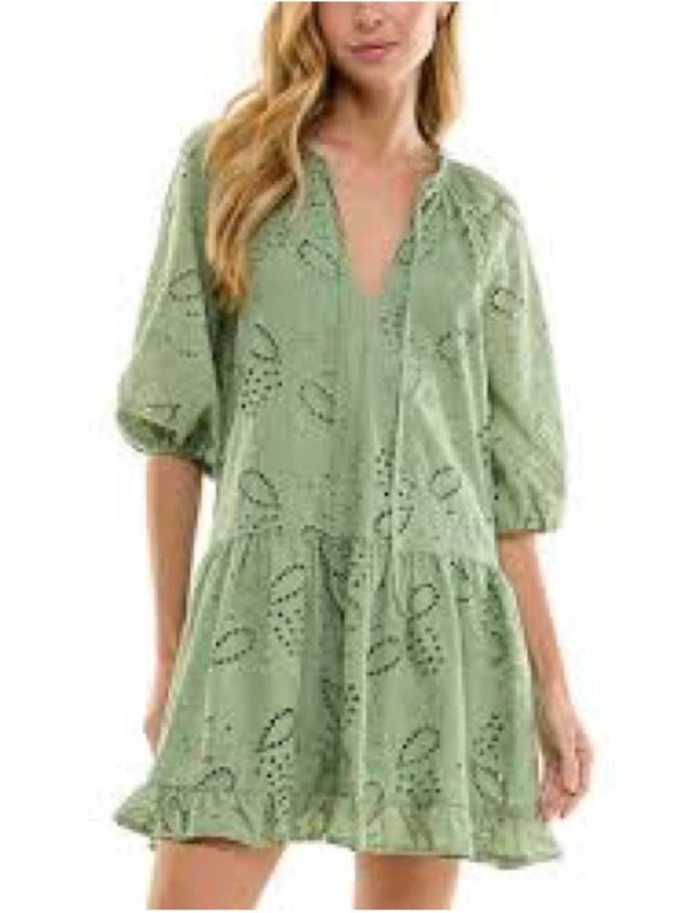 Semi and Cade Green Eyelet Mini Dress size medium BoHo, baby doll, puff sleeve